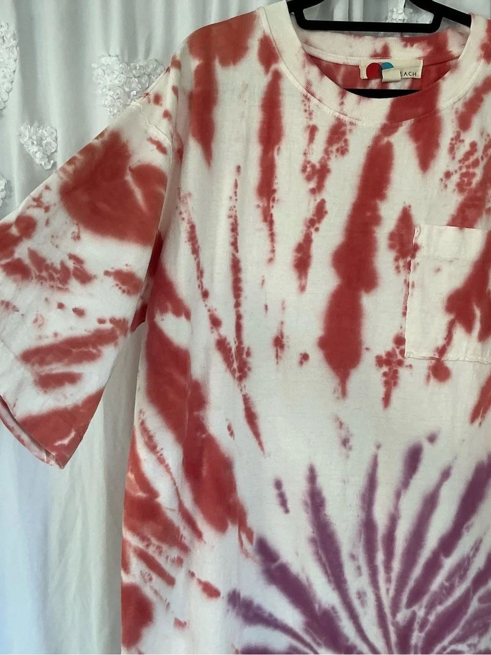 Free People Beach Camilla Tie-Dye Boho Short Sleeve Shirt Dress Red and Purple